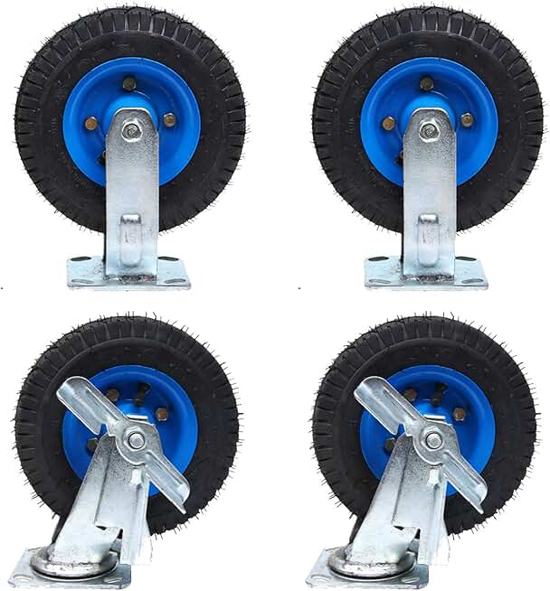 Rubber Swivel Castor, Inflatable Wheel, with Brake and Mounting Plate, Suitable for Rotating Carts, Cargo Transportation, Dining Cars, Set of 4, Replacement Caster Wheel