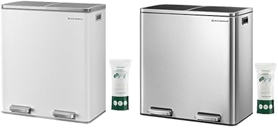 SONGMICS 2 x 8-Gallon Garbage Can for Kitchen White and Gray 2 x 8-Gallon Garbage Can for Kitchen with 15 Trash Bags, Silver and Black ULTB60WT and ULTB60NL