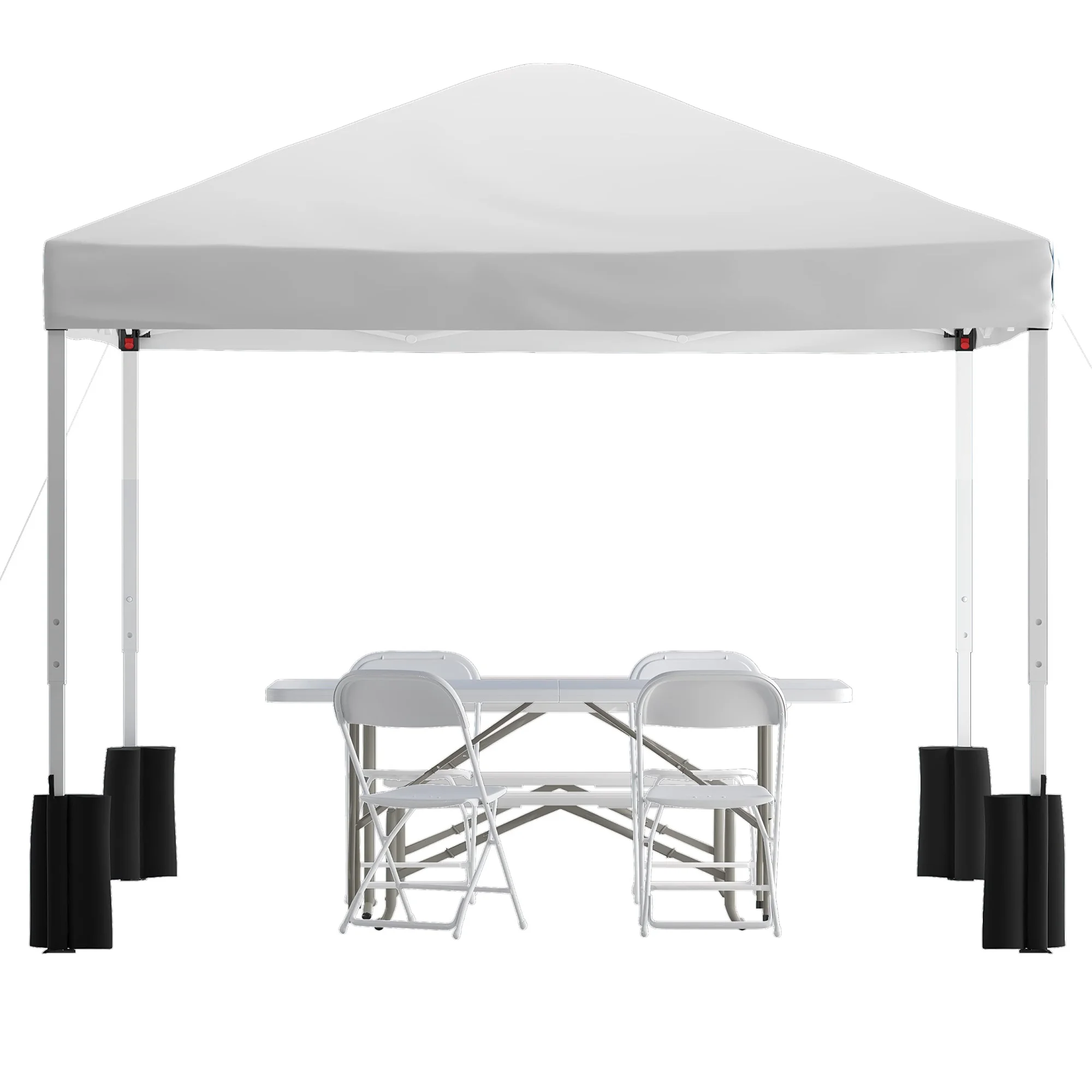 Otis Portable Tailgate/Event Tent Set-10'x10' Wheeled White Pop Up Canopy Tent, 6-Foot Bi-Fold Table, 4 White Folding Chairs