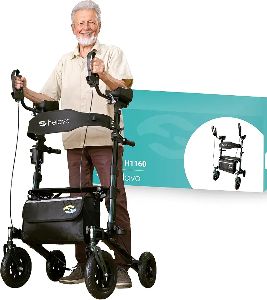 Helavo All Terrain Upright Walker with Flat-Free Solid Rubber Tires - Outdoor Stand Up Walker for Seniors - Tall Standing Rollator with Seat
