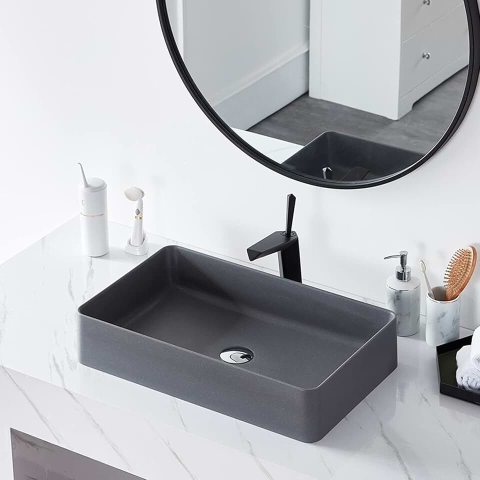 Bathroom Vessel Sink Quartz Stone Vanity Sink Above Counter Bathroom Sink for Cabinet, Lavatory, Hotel Art Basin, Home Washing Basin with Pop Up Drain, Solid Surface Material in Matte Gray