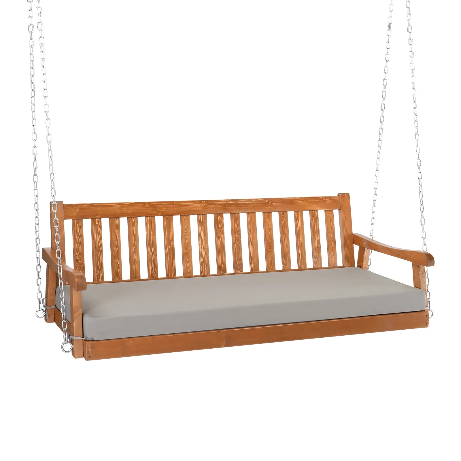 OverPatio 6.3FT Giant Wooden Swing,PU coated Porch Hanging Spruce Swing with 10cm Cushioned Seat & 5.5mm Adjustable Chains Hold 880LBS for Outdoor,Garden, Yard, Balcony(6.3FT,Brown)