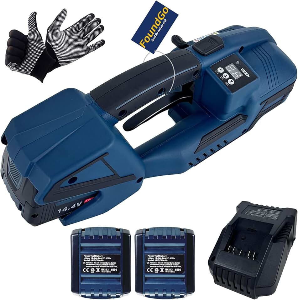 Electric Strapping Machine with LCD Screen Tool Portable Baler for 1/2-5/8 in PP PET Straps 2 x 4000mah Battery Powered Automatic Banding Box Pallet-Blue Vinyl Strapping Gun