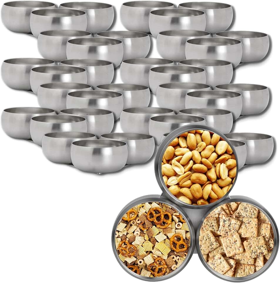 7600CV034 Snack Bowl Set, Stainless Steel Set of 3, Metal Dipping Sauce Appetizer Servers for Table Top, 6 Ounce Dish with Serving Tray, Use, Set of 12