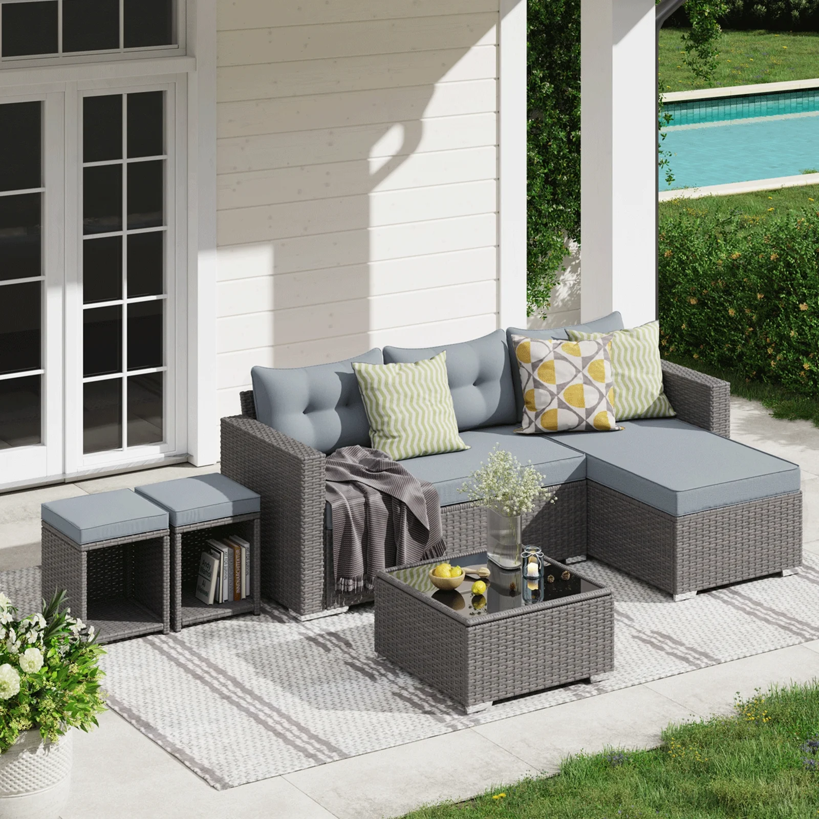 Patio Furniture Set, 5 Piece Outdoor PE Wicker Small Conversation Sofa Set with Ottomans, Patio Rattan Sectional Set with 2 Ways Sectional Couch Sofa and Tempered Glass Coffee Table, Gray