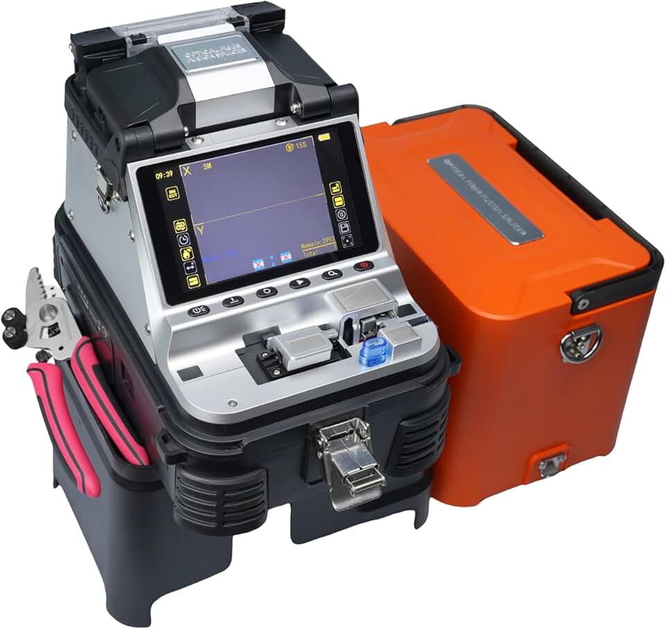 AI-10A Fusion Splicer Fiber Optic with Electric Fiber Cleaver OPM VFL 4th Generation Trunk Line Fiber Fusion Splicer Kit 6s Splicing and 15s Heating Core Alignment 6 Motors with 7800mAh Battery