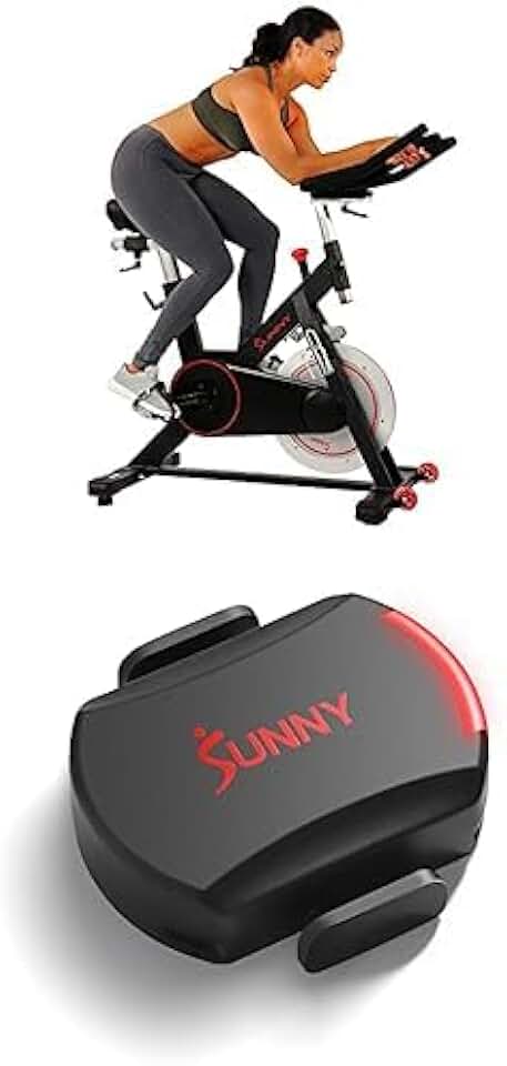 Bundle of Sunny Health & Fitness Magnetic Belt Drive Indoor Cycling Bike with 44 lb Flywheel and Large Device Holder SF-B1805 + Sunny Health & Fitness Exercise Cycling 2-in-1 Advanced Cadence Sensor
