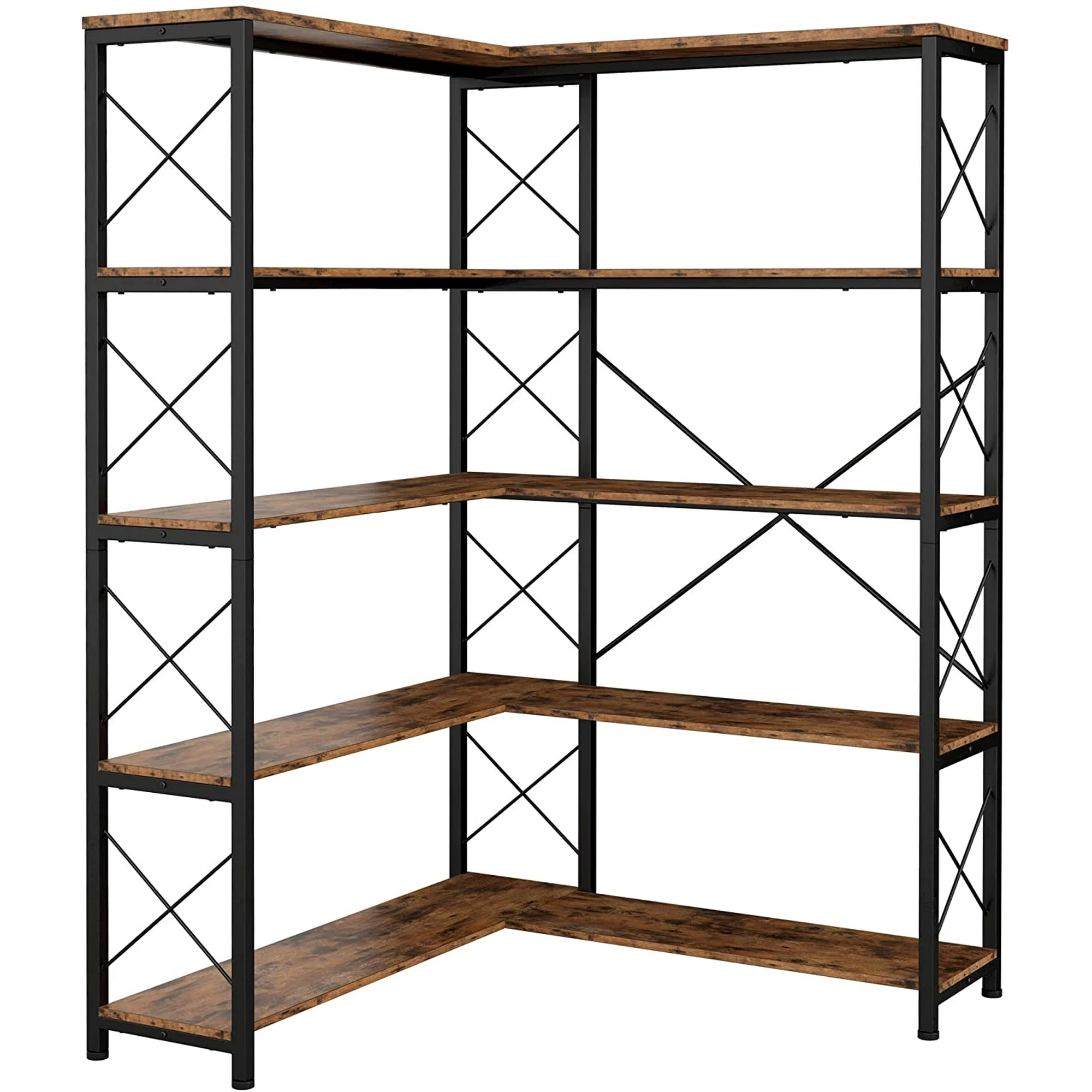 IRONCK Bookcases and Bookshelves Industrial Corner Etagere Bookcase L Shaped Shelf 5 Tier with Metal Frame for Living Room Home Office