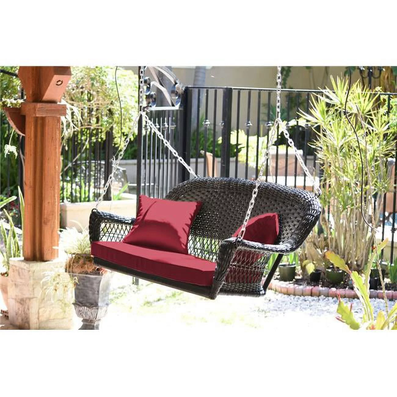 Jeco  Espresso Resin Wicker Porch Swing with Red Cushion