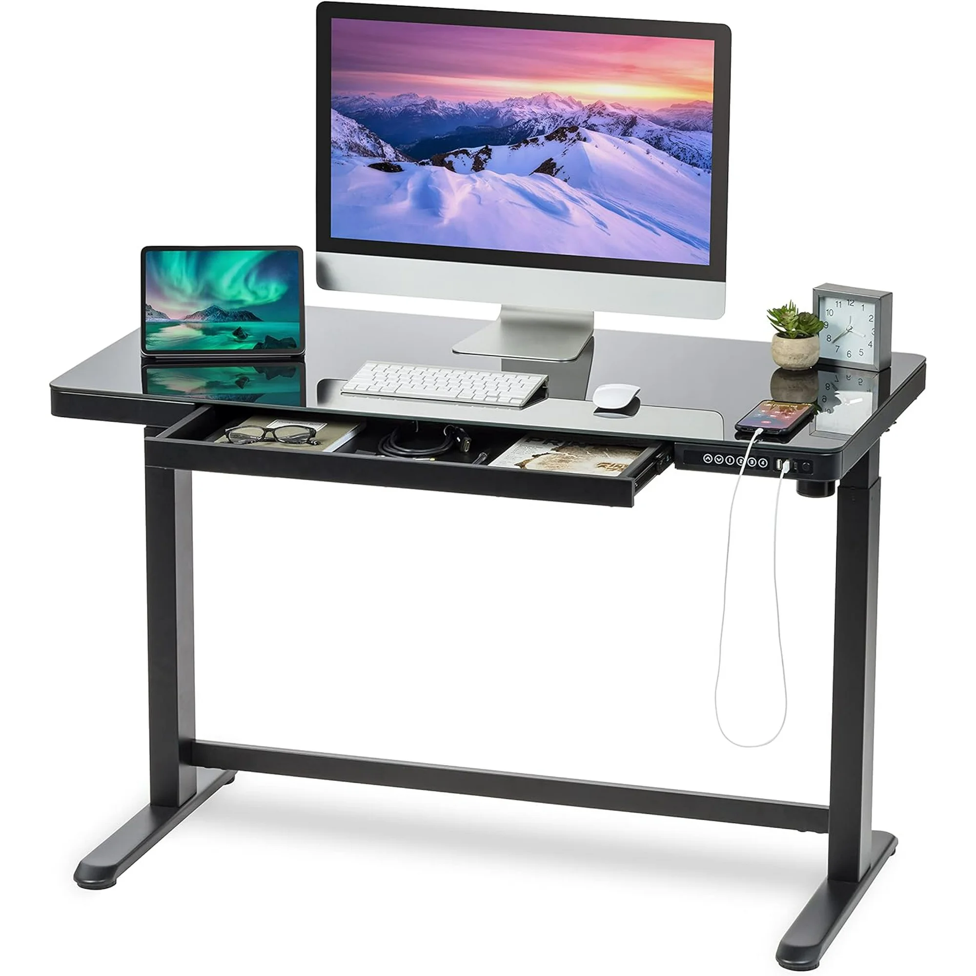 IRIS USA Electric Standing Desk Height Adjustable with USB Port (Glass Top)