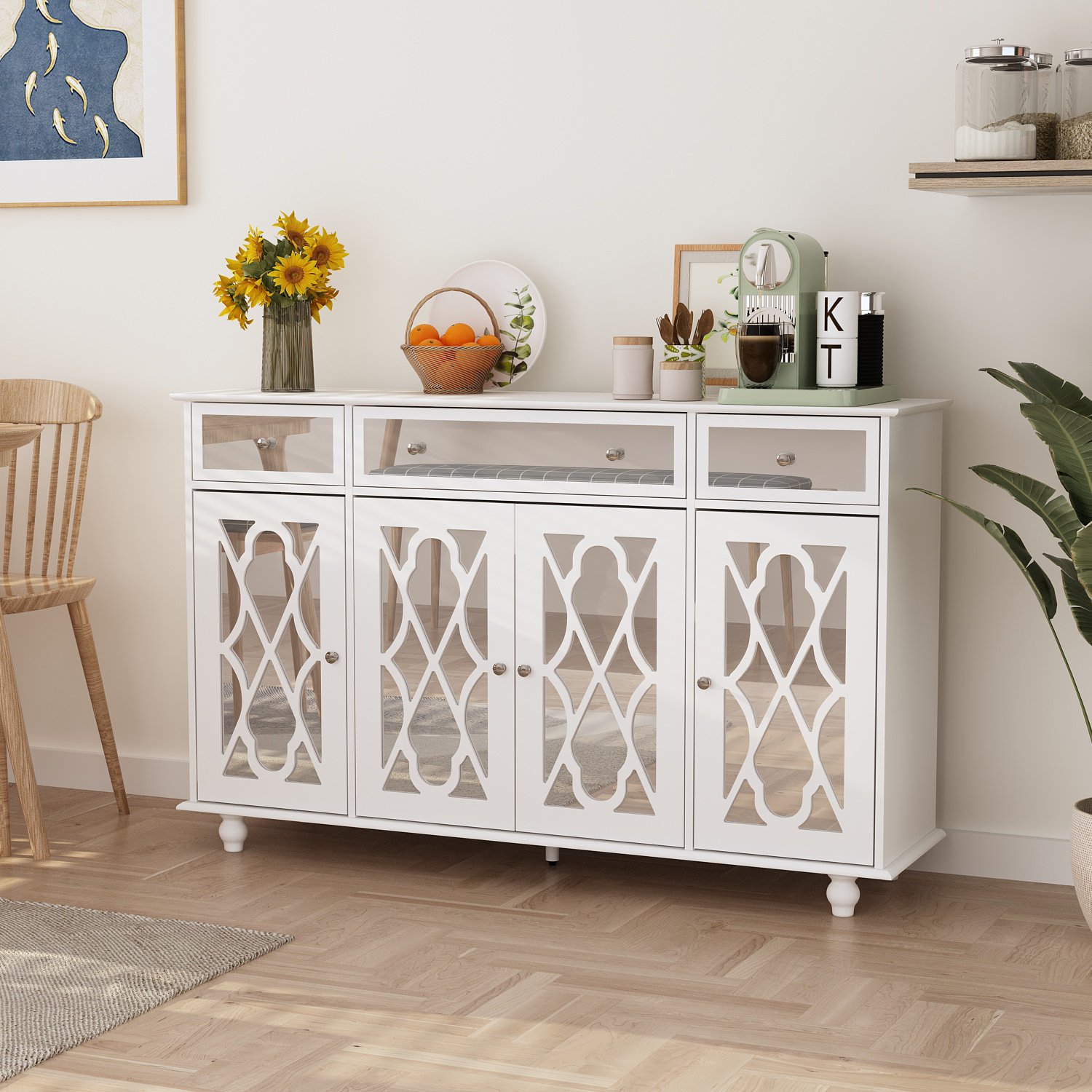 OXYLIFE 4-Door Sideboard Buffet with Drawers, Mirrored Accent Cabinet with Adjustable Shelf for Living Room Entryway White,55.1