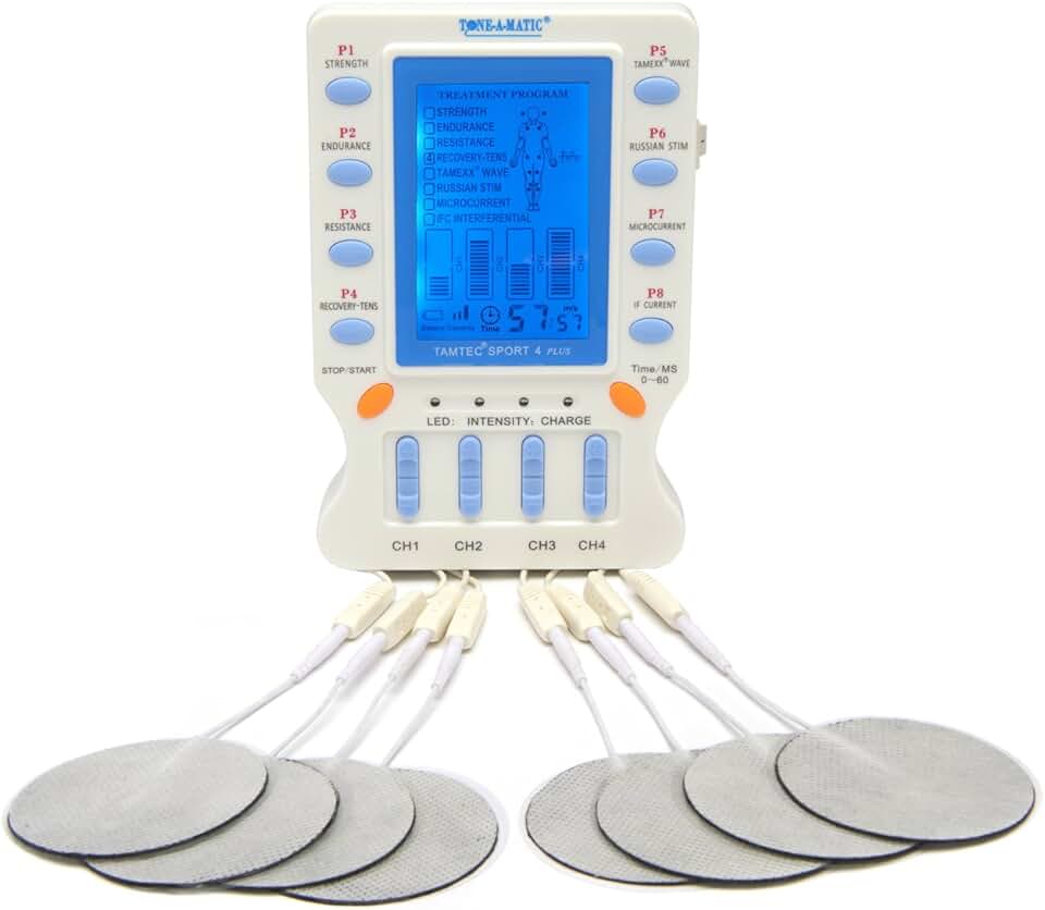 TAMTEC SPORT 4 PLUS – Electronic Muscle Stimulator EMS TENS 4 Channel unit with Multiple Programs Including EMS, Active Recovery, Interferential (IFC), Russian Stimulation, MicroCurrent