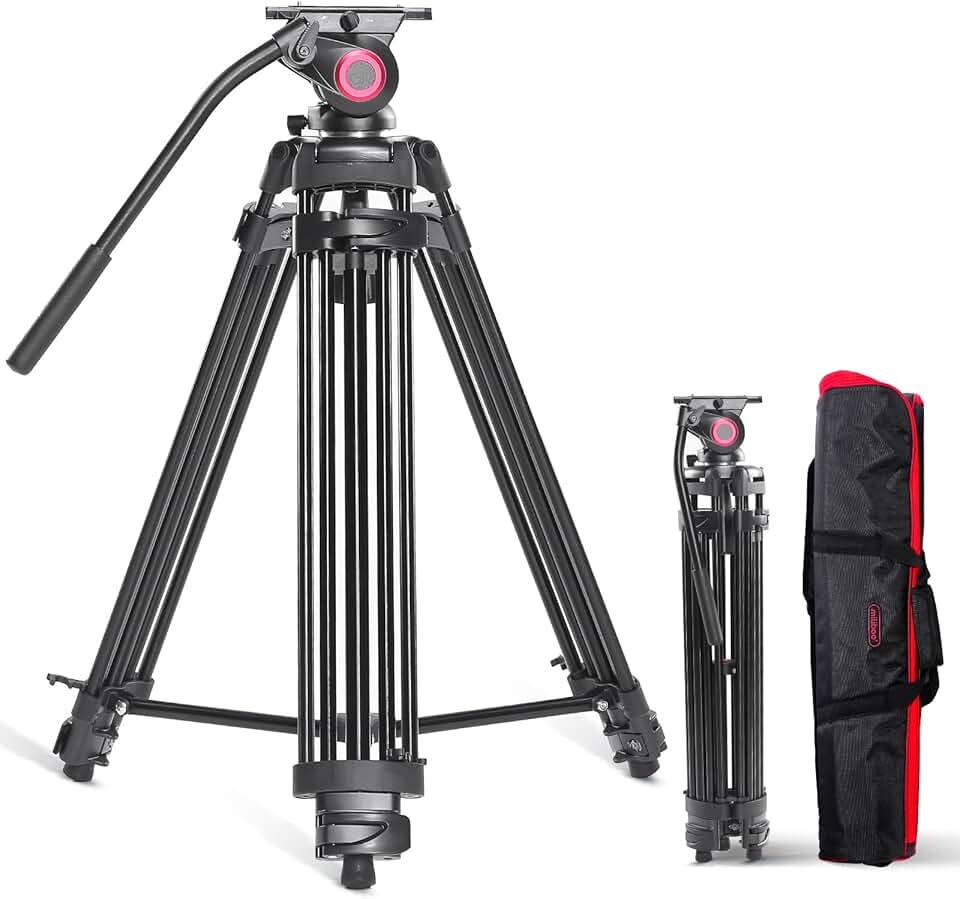 miliboo Heavy Duty Tripod for Camera,Video Tripod with Fluid Head,Aluminum Heavy Duty Tripod for Camera,Maxload 22lbs with Mid-Level Spreader(MTT601A)
