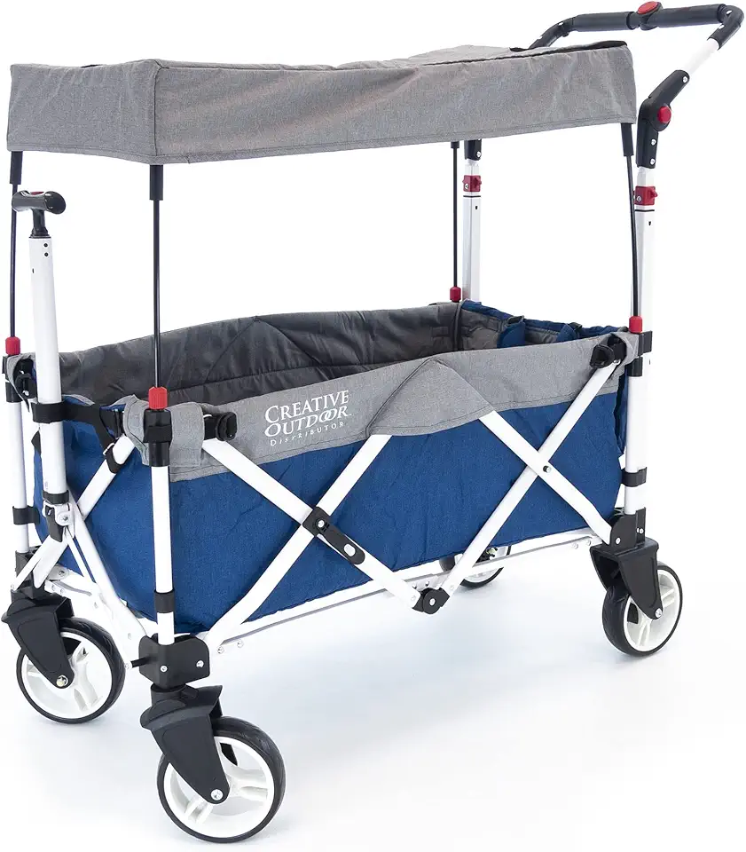 Creative Outdoor Push Pull Stroller Wagon for Kids,150lbs Weight Capacity, Collapsible Folding Cart with Canopy, Silver Series Plus, Beach, Park, Garden & Tailgate (Blue/Gray)