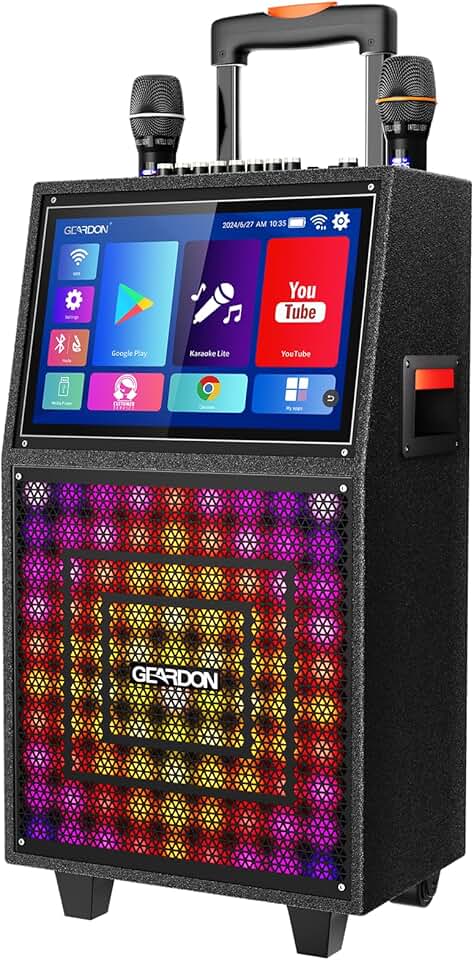 Karaoke Machine with Lyrics Display Screen for Adults, Built-in 15 Inches Tablet, Bluetooth Speaker with 2 Wireless Mics, DJ Lights, Portable Karaoke System for Any Occasion
