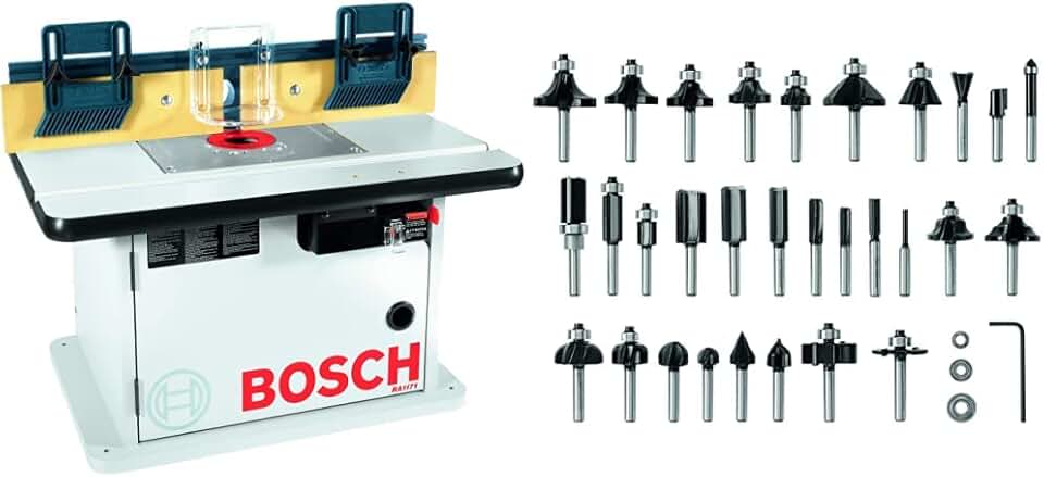 BOSCH Cabinet Style Router Table RA1171, Blue&BOSCH 30 pc. Carbide-Tipped Wood Router Bit Set