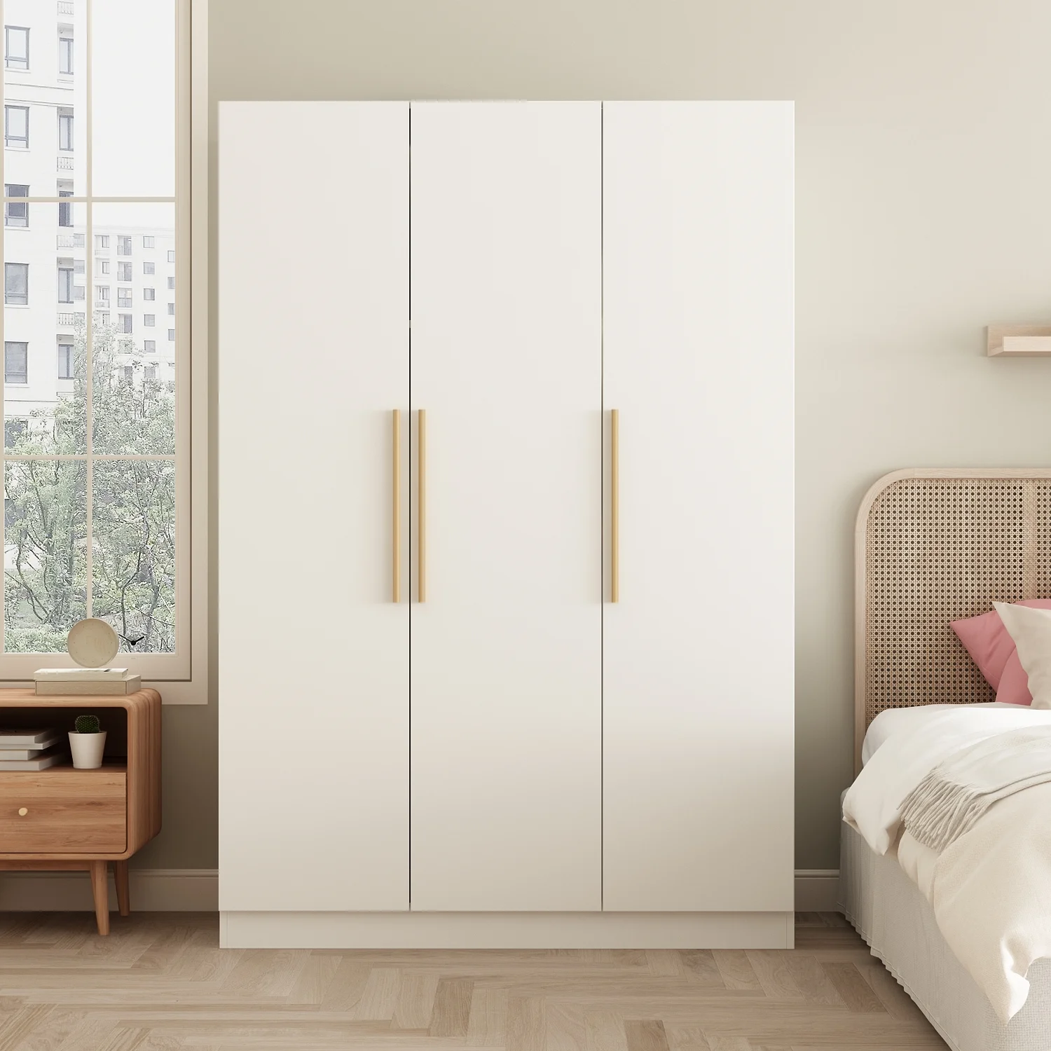 OXYLIFE 3 Door Wardrobe Armoire with Clothing Rod and Storage Shelves, White, 70