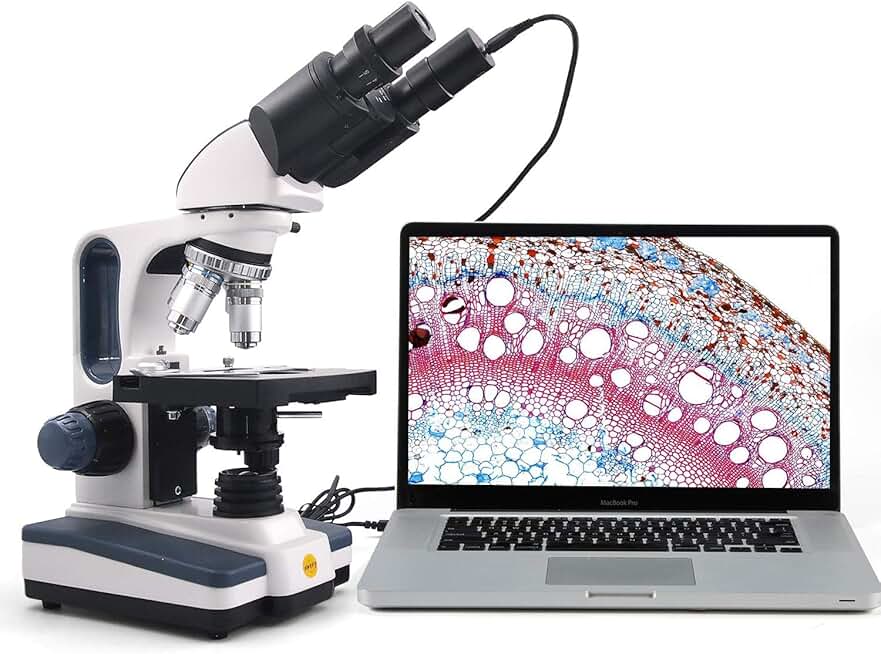Swift Binocular Compound Microscope SW350B, 40X-2500X Magnification,Siedentopf Head,Research-Grade,Two-Layer Mechanical Stage,1.3mp Camera and Software Windows and Mac Compatible