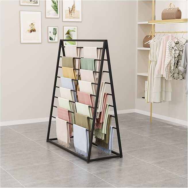 Metal Scarf Display Rack, Modern Retail Store Shawl Fabric Silk Scarf Organizer, Multi-Purpose Sheets Belt Suit Pants Hanging Rack Ties Holder Shelves Show Rack (Color : Black, Size : 120x50x145)