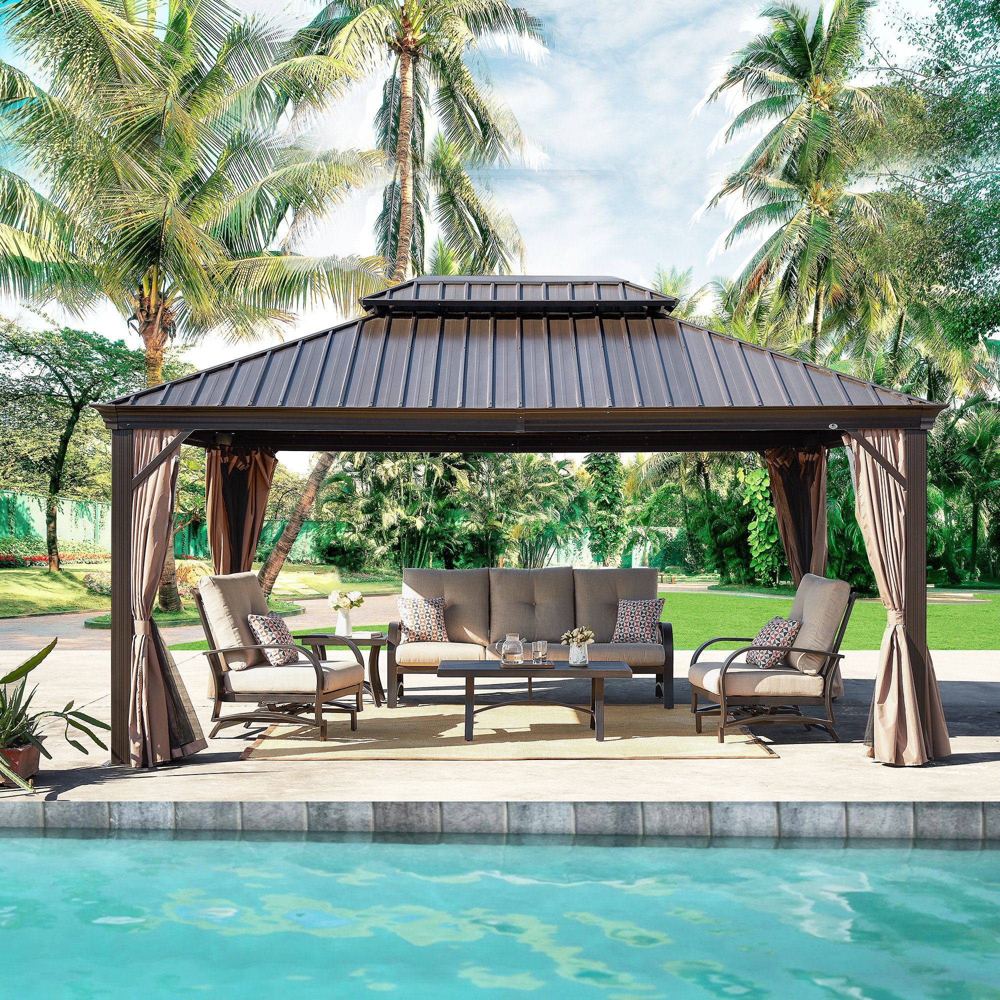 Outdoor Gazebo Patio Hardtop Pergola with Mosquito Net and Curtain 12' x 16'