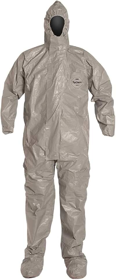 Dupont TF169TGYLG0006TV F Coverall with Respirator Fit Hood, Elastic Wrists, Taped Seam, Large, Grey (Pack of 6)