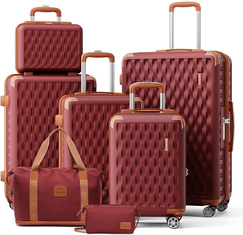 Melalenia Luggage Sets 7 Piece Suitcase Set, Hard Shell Carry on Luggage Travel Suitcases with Spinner Wheels and TSA Lock, Lightweight Luggage Set for Women, Red Brown