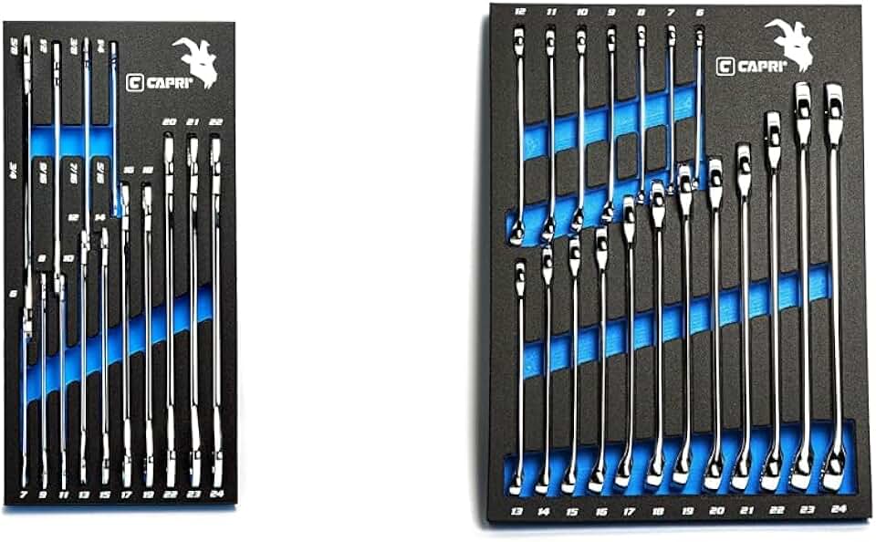 Super-Thin Open End Wrench Set (14 pc) & Combination Wrench Set with Mechanic's Tray (19 pc Metric 6-24mm)