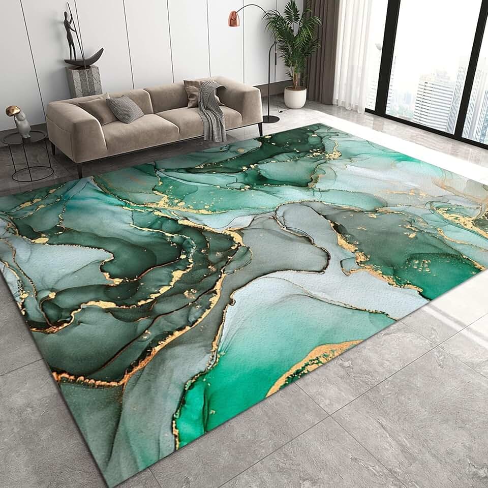 Large Area Rugs 7x10ft, Modern Abstract Emerald Green Marble Pattern Rugs for Living Room, Library Office Rug, Soft Breathable Durable for Hotel Home Decor Entrance Hall Patio