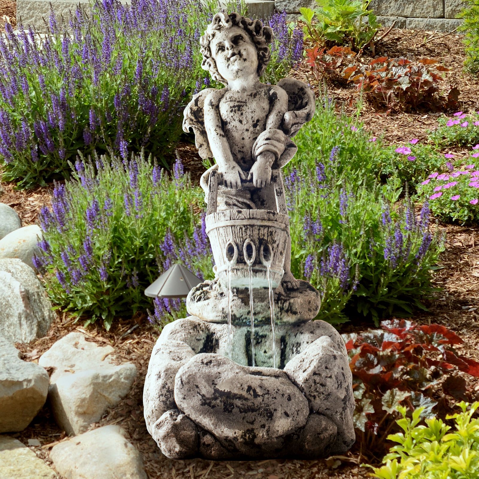 Outdoor Water Fountain LED Lights, Lighted Cherub Angel Fountain Stone Design