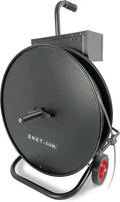 8 NET Black Heavy Duty Strapping Dispenser for Poly, Polyester and Steel Strapping, Deluxe Strapping Cart, Accepts Dia. Core 8’’ or 16’’