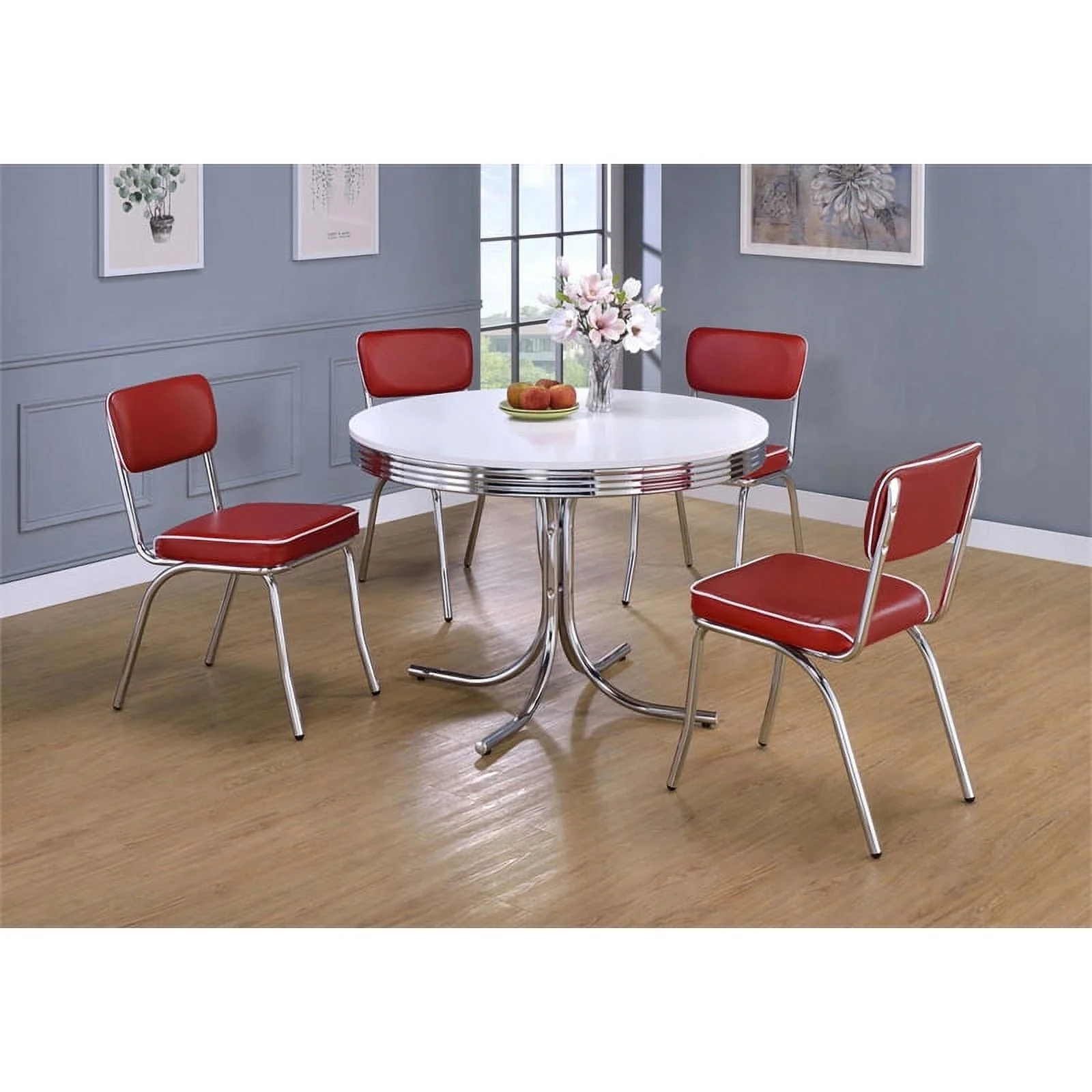 Pemberly Row 5-Piece Contemporary Metal Round Dining Set in Chrome and Red