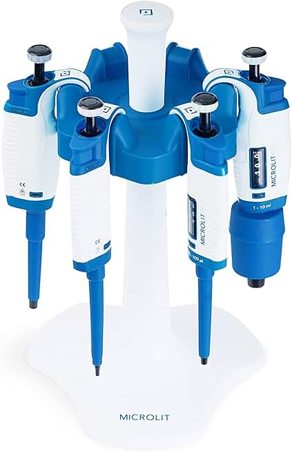 Complete Starter Kit, Pipettes with 0.5-10ul, 10-100ul, 100-1000ul and 1-10ml Liquid Capacity, 4-Piece Set of Pipettes with a Carousel Stand and Compatible Micropipette Tips
