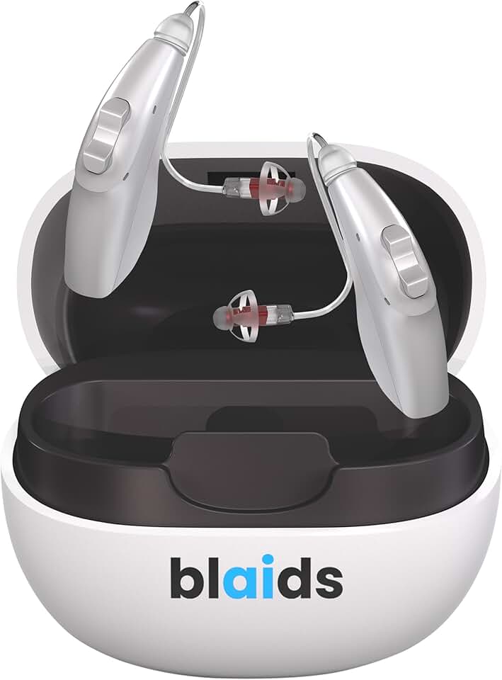 BlaidsX Neuro Rechargeable RIC + Programmable Hearing Aids for Adults with Mobile App Hearing Test & Noise Cancellation, Hearing Aids for Seniors, Dual Mic & 48 DSP Channels. USA-Made Processor