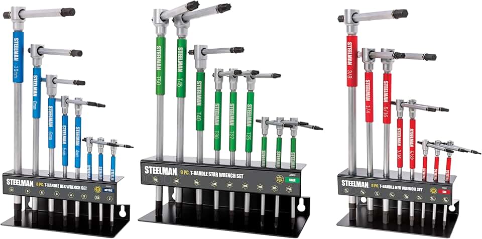 Steelman 25-Piece T-Handle Allen Hex/Star Wrench Set, Free Spinning Grip Sleeve, Sliding Handle for Access, Precision Machined Tips, with Storage Trays, for Bicycle, Auto, Moto, Small Engine (4260X)