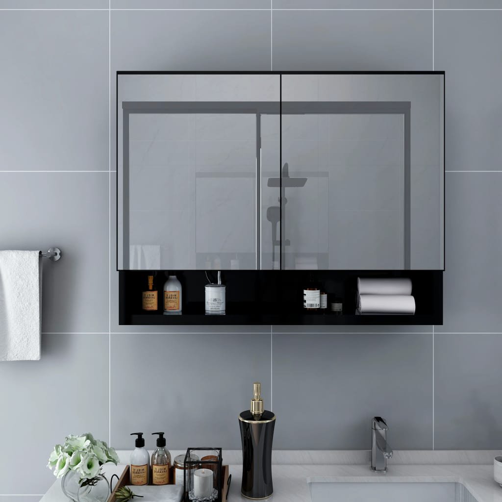 Illuminated LED Bathroom Mirror Cabinet Black 31.5x5.9x23.6 MDF With Touch Sensor, Adjustable Shelves, and Defogger - Ideal for Modern Bathroom Decor