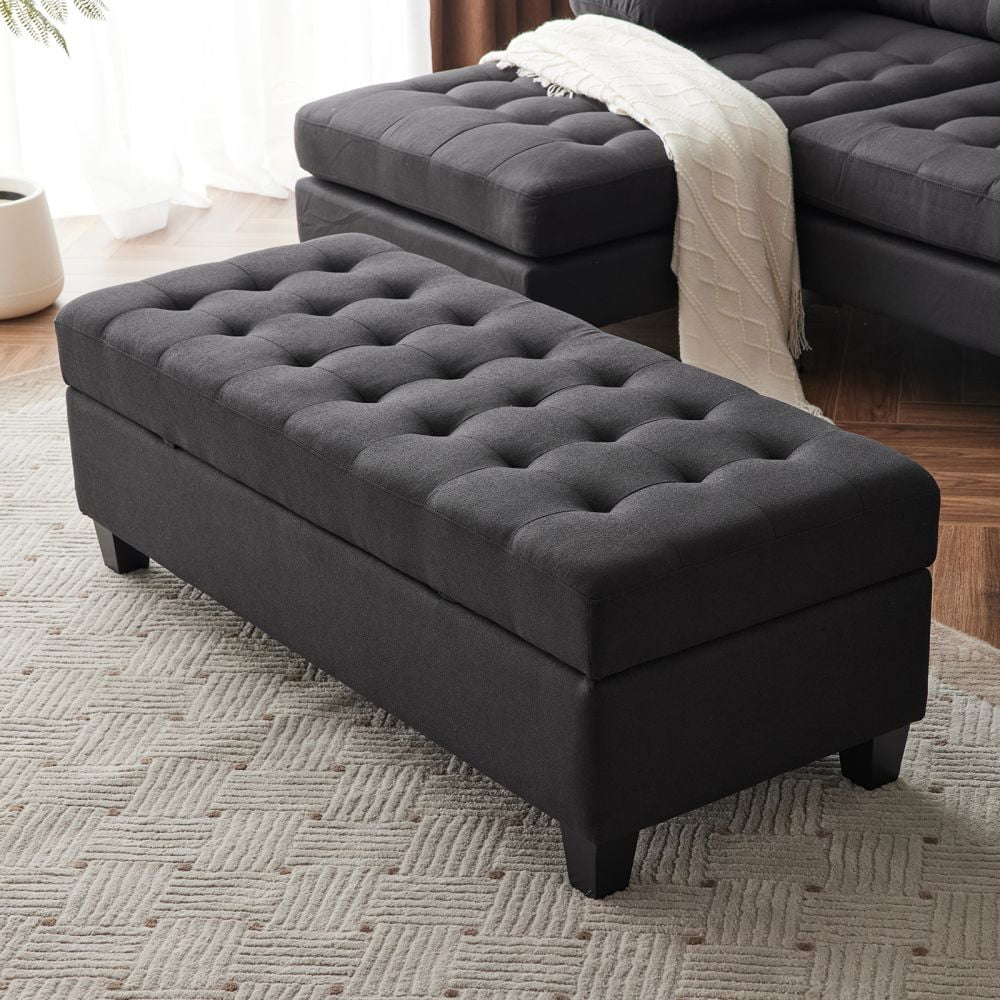 IVV Storage Ottoman Bench for Bedroom or Living Room, Linen Fabric Upholstered Tufted Bench, 51
