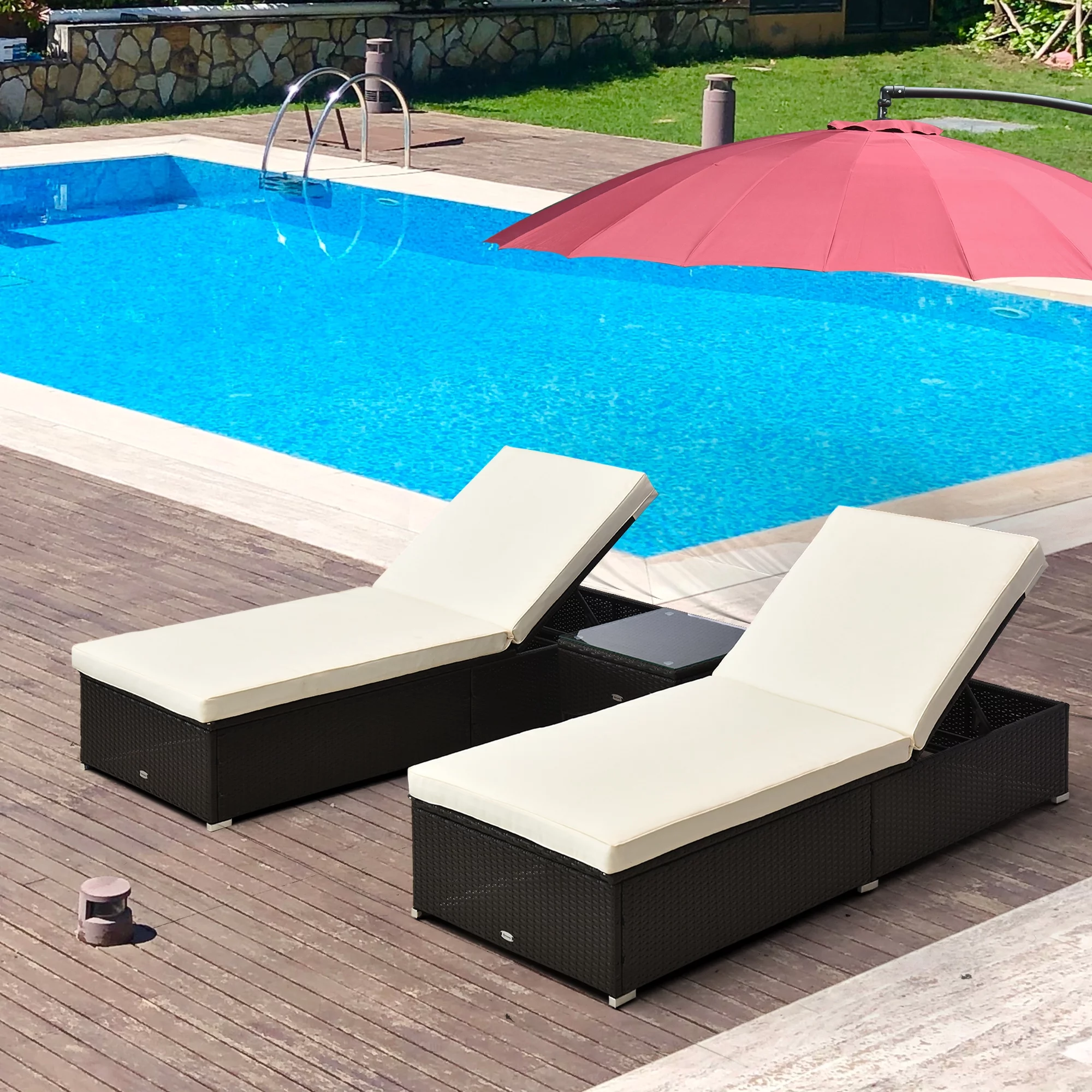 Outsunny Pool Furniture, 2 Chaise Lounge Chairs & Table, Cushioned, Cream White