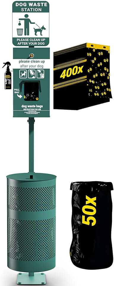 Kessler Pet Waste Station with Glow in The Dark Sign, Bag Dispenser, Sanitizer Bottle, Trash Can - Includes 400 Pull Out Bags & 50 Can Liners, Green