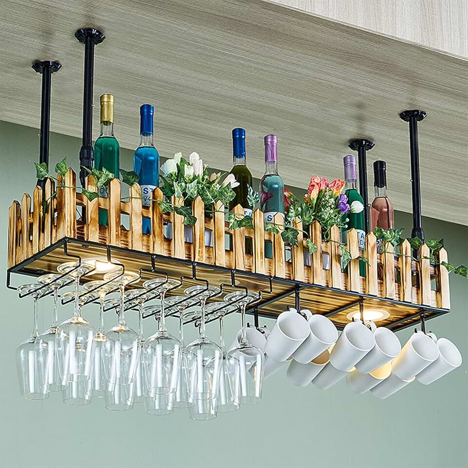 Rustic Hanging Wine Rack with Glass Holder and Shelf, Adjustable Ceiling Bar Wine Glass Rack with Lights, Iron Bottle Holder Wine Shelf