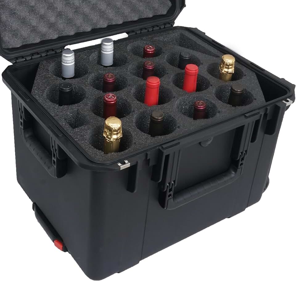Case Club 15 Wine Bottle Case - Insulated Wheeled Wine Carrier with Bottle Neck Support - TSA Compliant for Air Travel - Waterproof, Shippable Hard Case fits 750ml