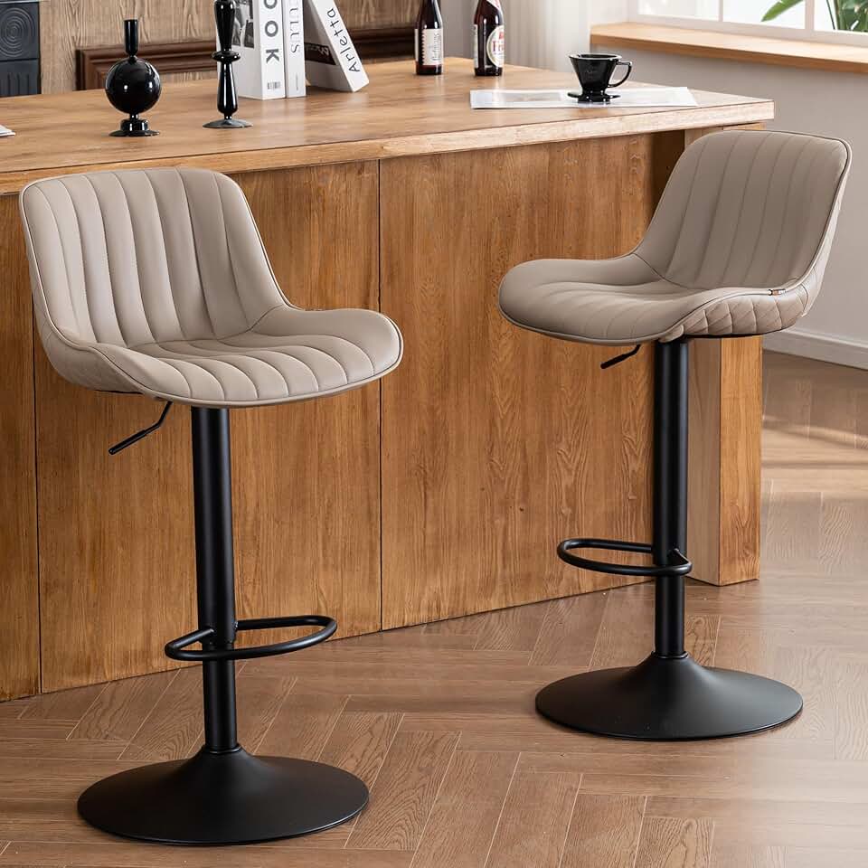 YOUNIKE Bar Stools Set of 2 Khaki Counter Height Barstools with Backs Swivel High Faux Leather Kitchen Island Bar Chair Modern Adjustable Breakfast taburetes de bar Padded sillas para barra de cocina