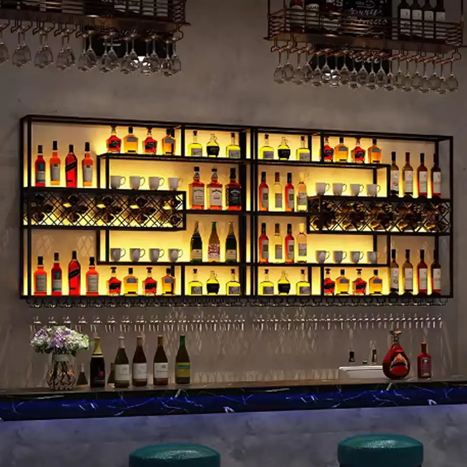 Large Wall Mounted metal wine rack with LED Lights Floating liquor bottle decorations display shelf Metal Hanging Goblet Rack Modern Large Capacity Industrial Iron Wine Shelf For Kitchen Dining Room