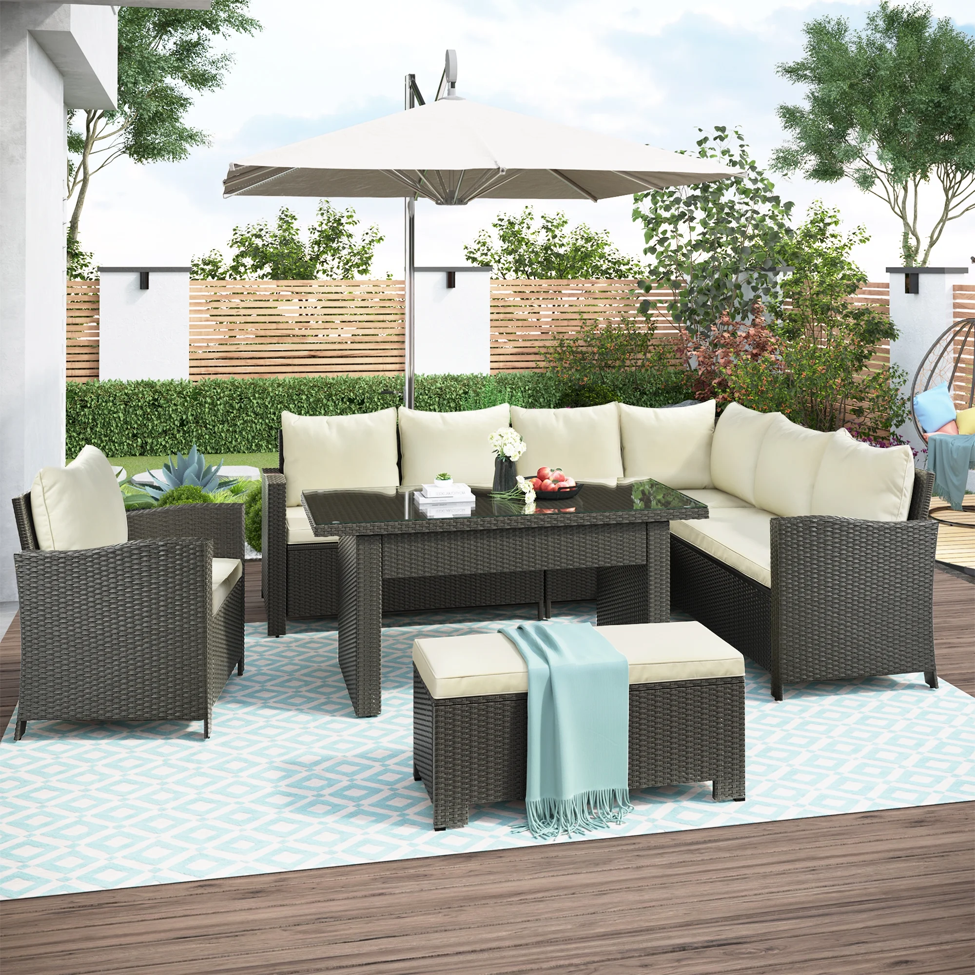 Patio Sectional Sofa Set, Patio Outdoor Furniture with Coffee Table and Cushions for Home Backyard Garden, Beige