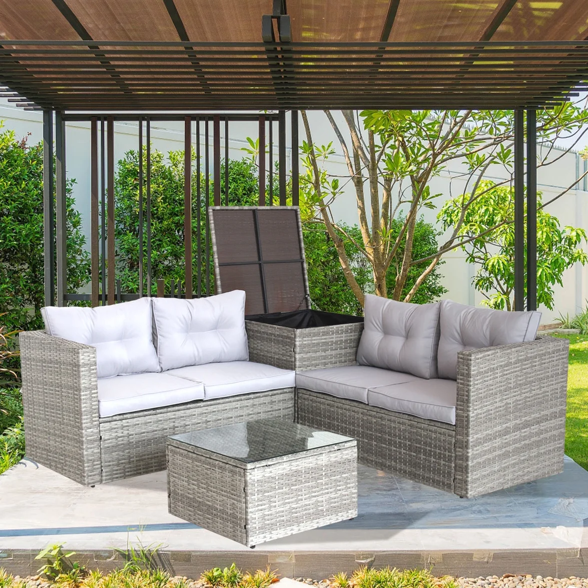 Patio Conversation Set, 4 Piece Outdoor Wicker Furniture Set with Loveseat Sofa, Storage Box, Tempered Glass Coffee Table, All-Weather Patio Sectional Sofa Set with Cushions for Backyard Garden Pool