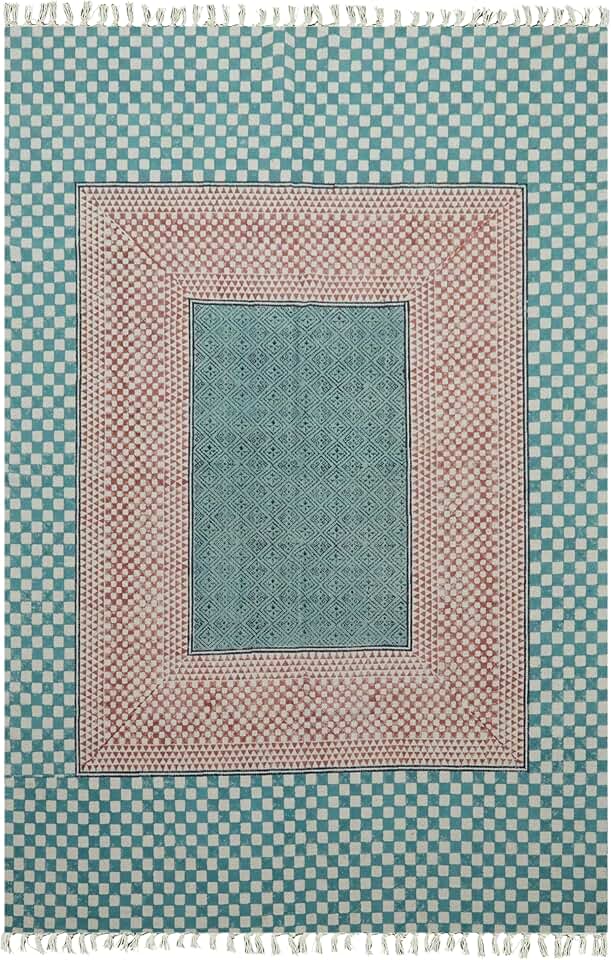 10x10 Square Blue Brown Cotton Rug Premium Quality Rug Handmade Cotton Rugs for Farmhouse Bohemian Cotton Dhurrie Indoor Floor Carpet Tessal for Living Room Bedroom