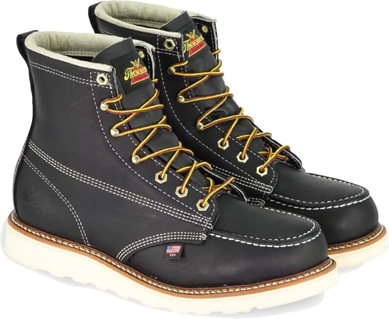 Thorogood American Heritage 6” Moc Toe Work Boots for Men - Soft Toe, Premium Full-Grain Leather with Slip-Resistant Wedge Outsole and Comfort Insole; EH Rated, Black - 6.5 D