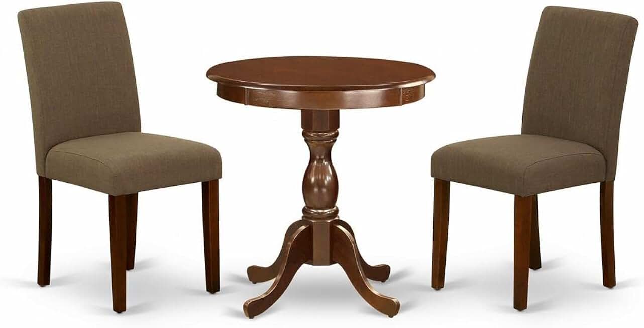 East West Furniture ESAB3-MAH-18 3 Piece Dinette Set for Small Spaces Contains a Round Dining Table with Pedestal and 2 Coffee Linen Fabric Parson Dining Chairs, 30x30 Inch, Mahogany