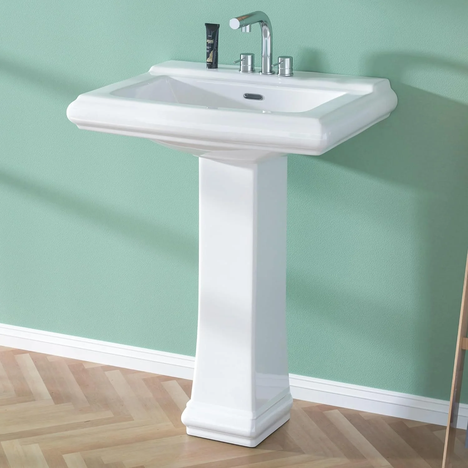 Pedestal Sink 26 Inch - 3 Holes Bathroom Pedestal Sink, White Pedestal Sink 26 x 20 Inch, Bath Pedestal Sink Combo, Ceramic Pedestal Sink for Bathroom, with Overflow Hole