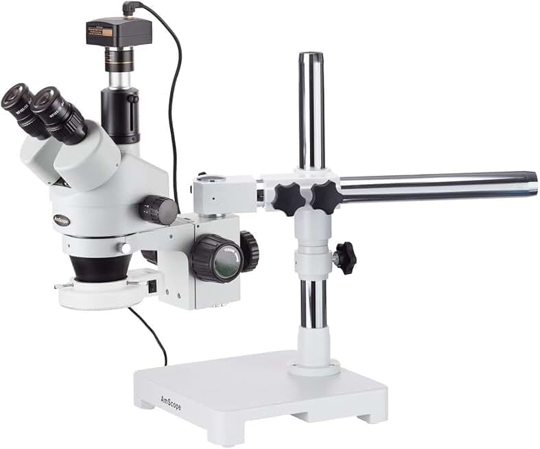 AmScope SM-3TZ-54S-5M Digital Professional Trinocular Stereo Zoom Microscope, WH10x Eyepieces, 3.5X-90X Magnification, 0.7X-4.5X Zoom Objective, 54-Bulb LED Light, Single-Arm Boom Stand, 110V-240V, Includes 0.5X and 2.0X Barlow Lenses and 5MP Camera