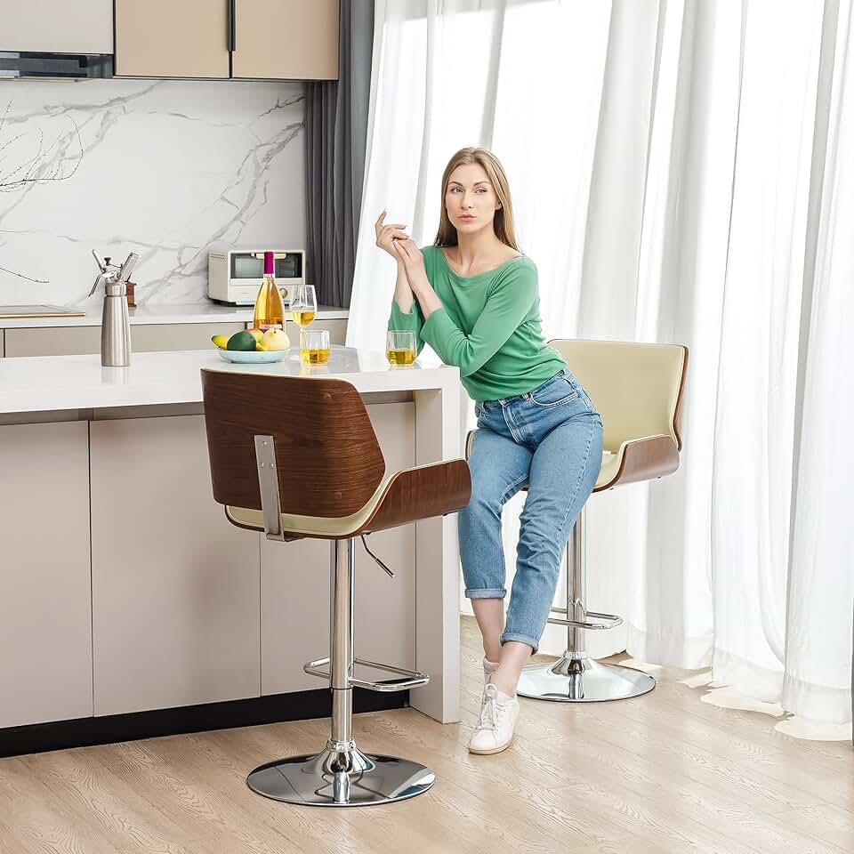 Glitzhome Adjustable Bar Stool Set of 2 Swivel Mid-Century Modern PU Leather Counter Dining Chairs with Back, Begin